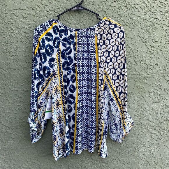NWT KAREN KANE Blue/Yellow/White Riviera Boho Peasant 100% Cotton Top Large - Picture 8 of 13